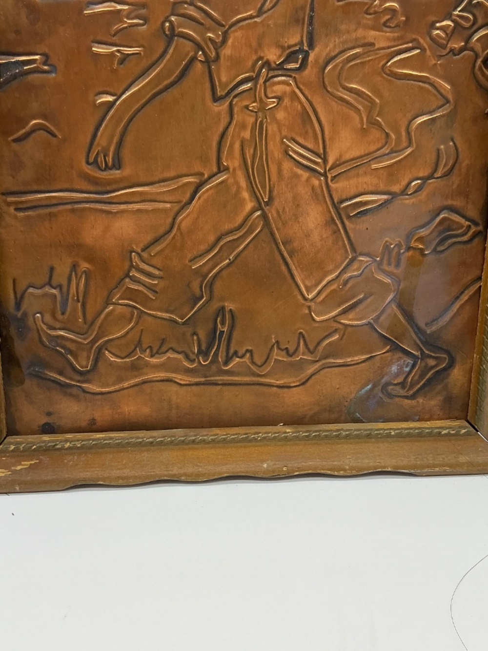 Framed Copper Relief Plaque Traveling Boy - Picture 4 of 7